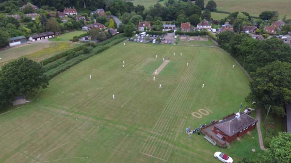 Crowhurst cricket club photo of Centenary celebrations 7th July 2019. Aerial phot of the pitch