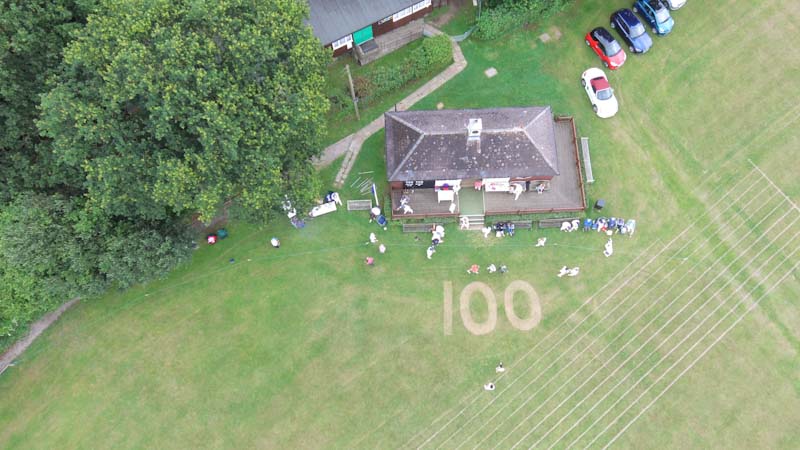 Crowhurst cricket club photo of Centenary celebrations 7th July 2019. Aerial phot of the pitch