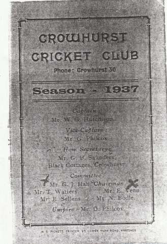 Crowhurst cricket club historical photo of fixture card dated 1037