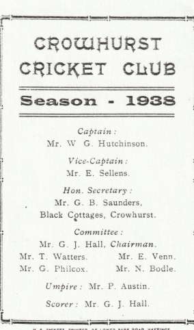 Crowhurst cricket club historical photo of fixture card detailing committee dated 1938