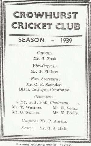 Crowhurst cricket club historical photo of fixture card showing the committee members dated 1939