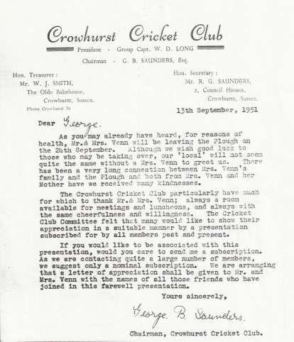 Crowhurst cricket club historical photo of letter regarding the retirement of the landlady of The Plough public house dated September 1951