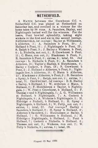 Crowhurst cricket club historical newspaper cutting dated 1886