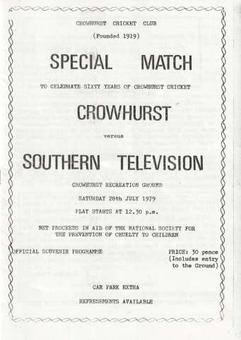 Crowhurst cricket club historical photo advertising a match against Southern Television date 1979